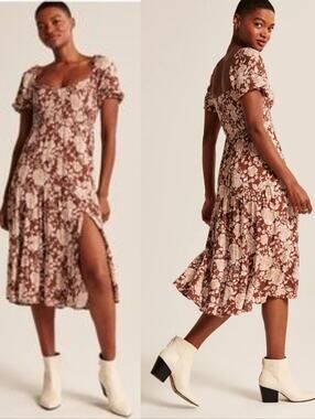 ABERCROMBIE & FITCH Brown Floral Smocked Midi Dress With Slit Cottagecore Size S